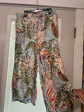 Tahari Wide-Leg Tropical Leaf Print Pants - White Multi